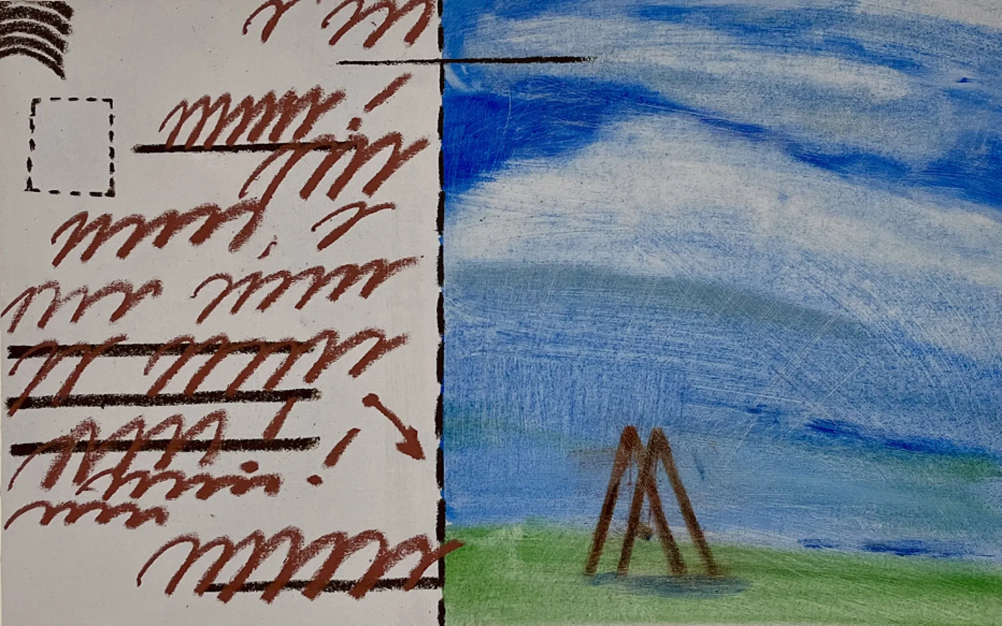 Георгий Хомич. «Письмо качели», 2025. Холст, масло, смешанная техника