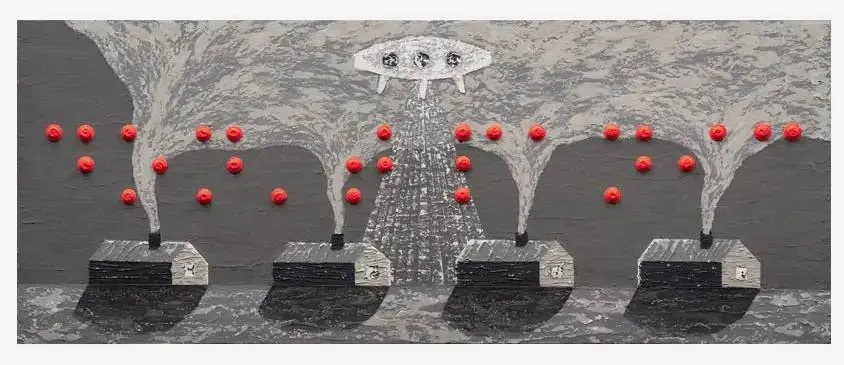 Vova Lenin. «Don’t panic (Без паники)», 2019. Фанерный планшет, цементная паста, акрил
