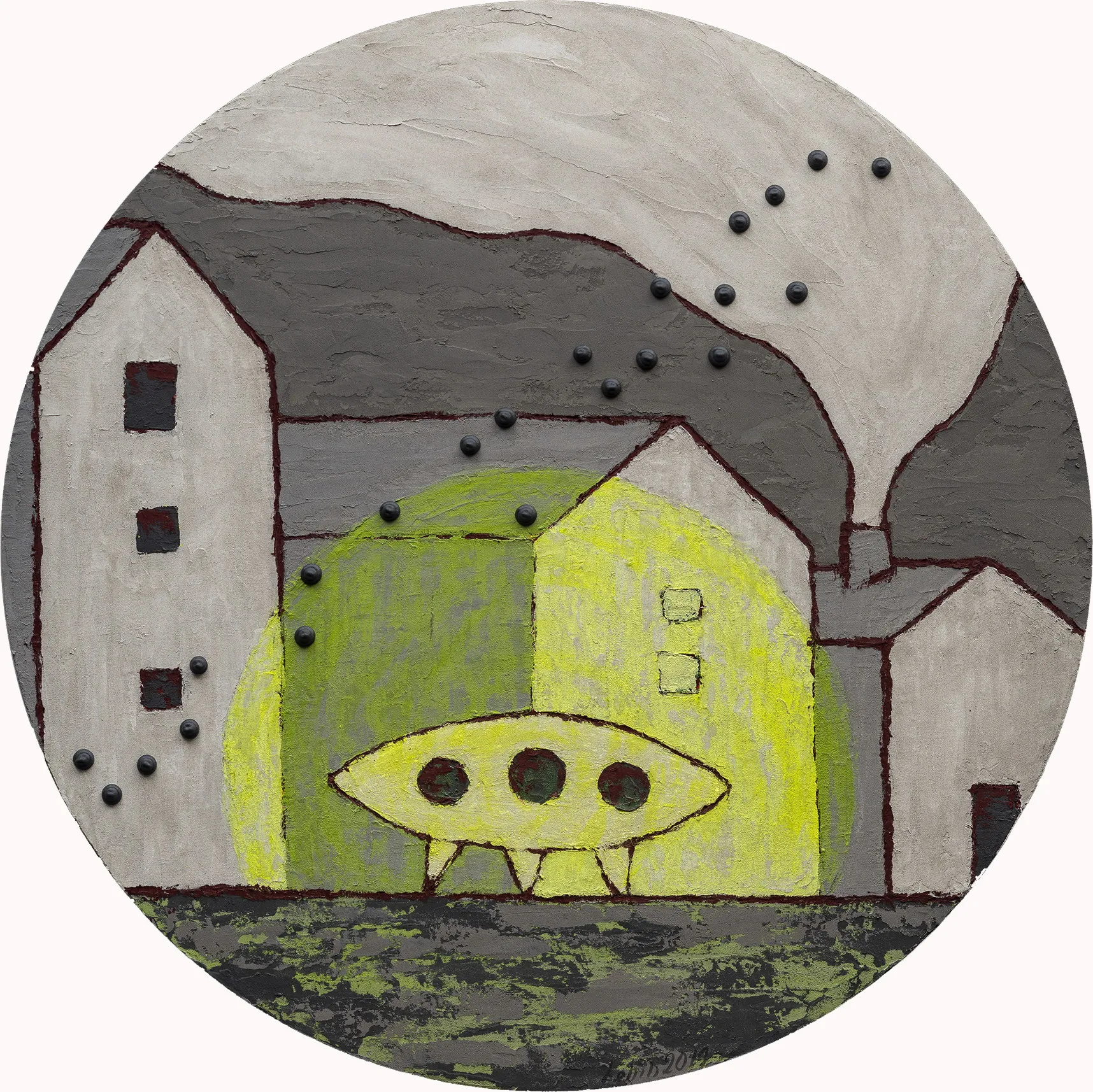 Vova Lenin. «Hi I am home (Привет, я дома)», 2019. Фанерный планшет, цементная паста, акрил